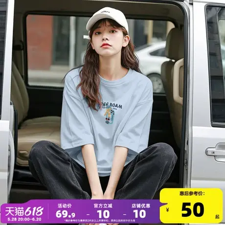 唐狮2025新款夏季女短袖T恤休闲纯棉蓝色上衣体恤设计感小众pc商品大图