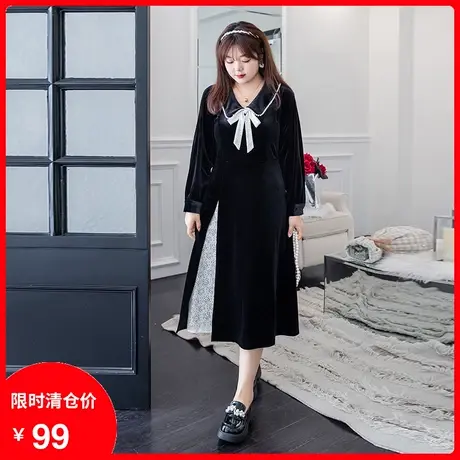 2023年秋季新款赫本风气质高级感黑色丝绒连衣裙长款显瘦大码胖mm商品大图