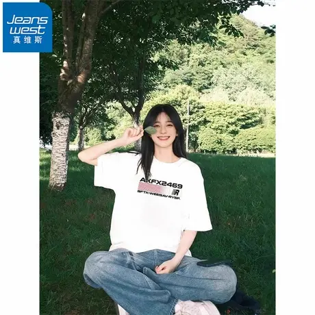 NR真维斯美式vintage白色棉短袖t恤女夏季新款宽松百搭上衣ins潮商品大图