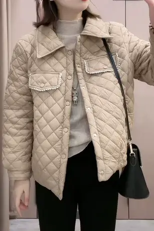 白色短款小香风轻薄棉衣2023秋冬新款韩版珍珠棉服外套女棉袄上衣商品大图