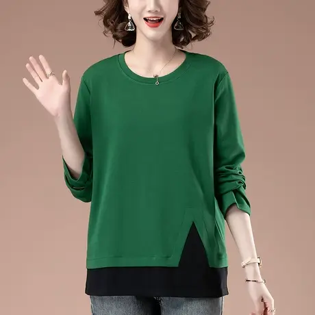 春秋季加肥加大码女装长袖t恤宽松显瘦百搭纯棉中年妈妈打底衫女商品大图