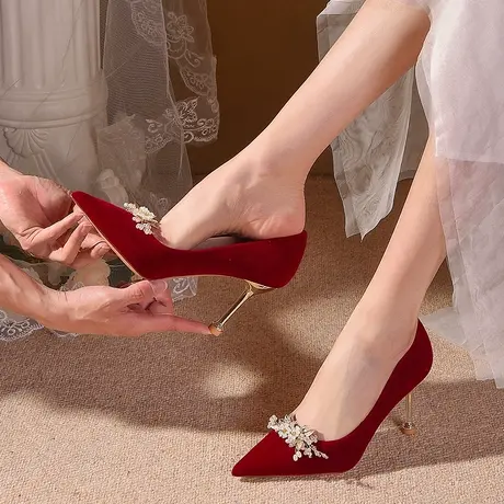 红色结婚鞋子女秀禾服主婚纱两穿新娘高跟鞋水晶小众高级感不累脚商品大图