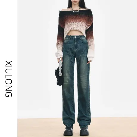 高腰窄版阔腿牛仔裤女春秋季2023年新款美式高街显瘦直筒烟管裤子图片