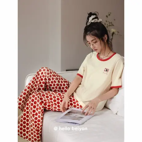 贝妍凉感睡衣女夏季薄款纯棉圆领套头家居服甜美少女短袖长裤套装商品大图