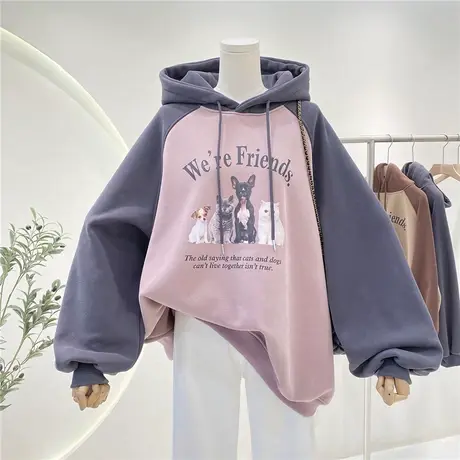韩版复古卡通狗狗印花宽松胖mm大码慵懒风秋冬加绒连帽卫衣女外套商品大图