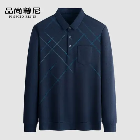 【舒适亲肤】爸爸长袖T恤印花格纹宽松翻领POLO衫中老年人春装男图片