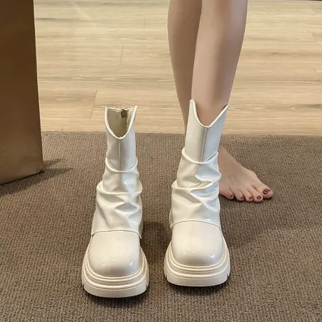 马丁靴女秋冬2023新款甜酷黑色中筒英伦厚底内增高裤管复古短靴子商品大图