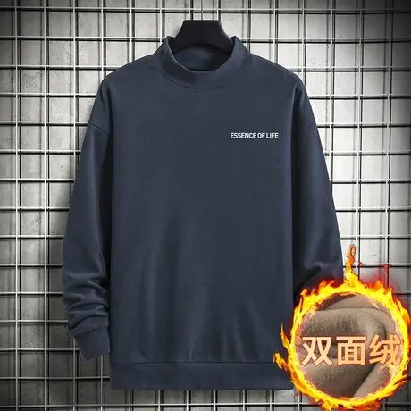 男士卫衣2023新款半高领潮流宽松秋冬保暖双面绒无帽中领长袖t恤商品大图