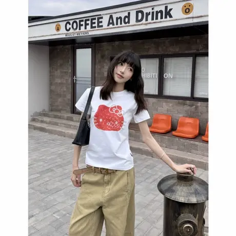 草莓凯蒂猫印花正肩短袖t恤女夏季新款宽松显瘦上衣设计感小众潮商品大图