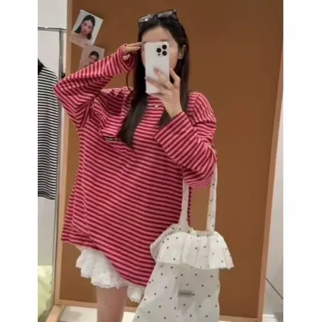韩国东大门早秋新款韩版宽松时尚百搭撞色条纹圆领长袖T恤上衣女商品大图