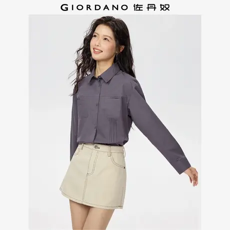 佐丹奴长袖衬衫女秋冬新款纯棉通勤压褶双口袋翻领衬衣女05345866商品大图