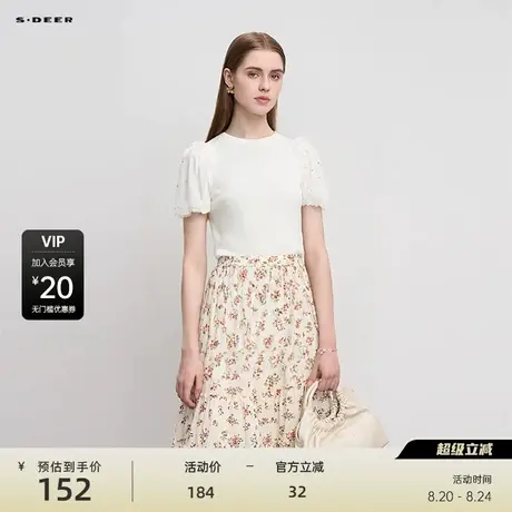 sdeer圣迪奥女装圆领网纱木耳边泡泡袖针织衫S222Z3532商品大图