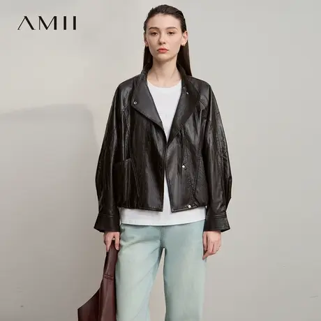 Amii【酷飒机车风】2025秋新款复古帅气夹克廓形PU皮衣外套女图片