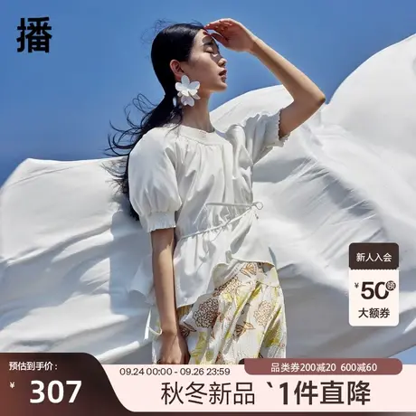 播2023秋季新款弹力领口系带装饰圆领衬衫女DDQ3HD5006图片