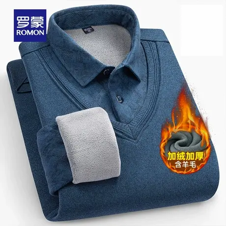 【含桑蚕丝+羊毛】罗蒙男士假两件针织衫2025冬季新款加绒毛线衣图片