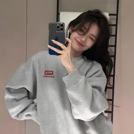 加绒卫衣女2025秋冬季加厚新款爆款小众宽松显瘦长袖灰色圆领上衣商品大图