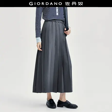 佐丹奴裙子女装垂顺西装料松紧腰梭织百褶半身长裙 18464219商品大图