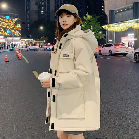 唐狮2024冬季新款女工装户外连帽加厚棉衣保暖棉服外套宽松潮流商品大图