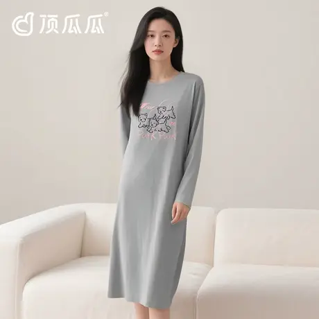 顶瓜瓜睡裙女春秋款纯棉长袖女士2025新款雅淡灰色睡衣女士家居服商品大图