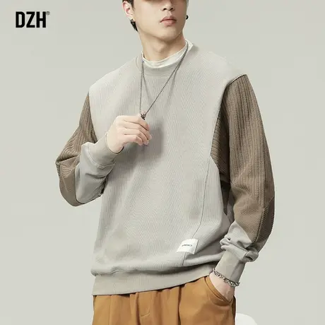 男士拼接圆领卫衣男2023春秋季潮牌无帽长袖上衣情侣运动外套衣服商品大图