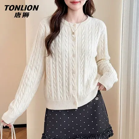 唐狮官方小香风外套女针织衫2026新款春季修身短款绞花毛衣开衫VC图片
