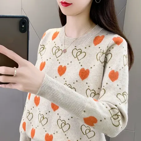 圆领爱心提花网红爆款毛衣女2023年新款秋冬外穿针织打底衫洋气女商品大图