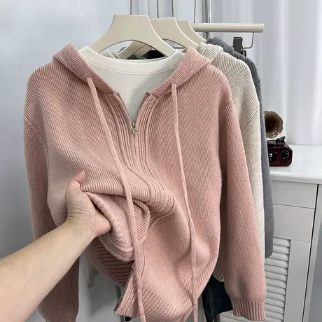 双拉链连帽毛衣外套女2023新款加厚秋冬韩版宽松慵懒带帽针织开衫商品大图