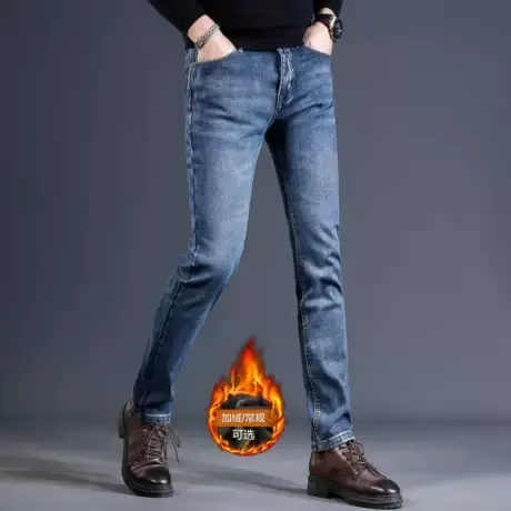 轻奢牛仔裤男2023秋冬新款加绒加厚蓝色修身小脚男士弹力休闲裤子商品大图