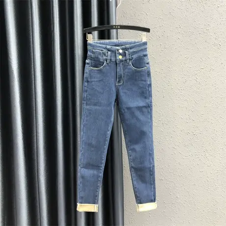 韩版铅笔裤女23冬季新款两粒扣设计感高腰显瘦紧身百搭小脚牛仔裤图片