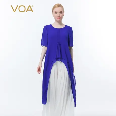 VOA真丝乔其克莱因蓝圆领中袖塔克褶皱荷叶边双层宽松桑蚕丝T恤图片