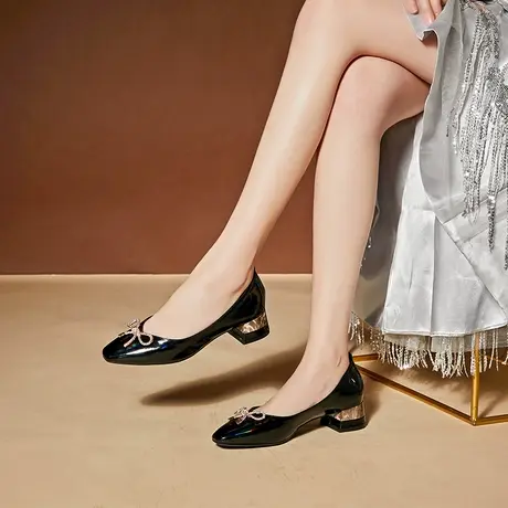 单鞋春款妈妈款方头套脚鞋休闲蝴蝶结浅口船鞋水钻粗跟单鞋女商品大图