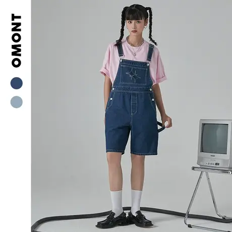 omont蛋挞家 复古刺绣牛仔背带裤女夏季中裤设计感直筒休闲五分裤商品大图