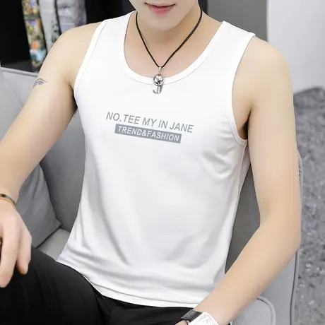 莫代尔男士背心潮流白色印花夏季男装修身吊带坎肩运动无袖冰丝T图片