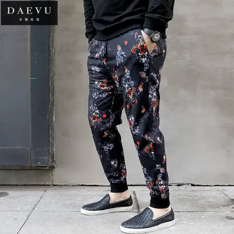 春新款狗头印花特大号弹力束脚潮胖子加肥加大码男士针织裤运动裤商品大图