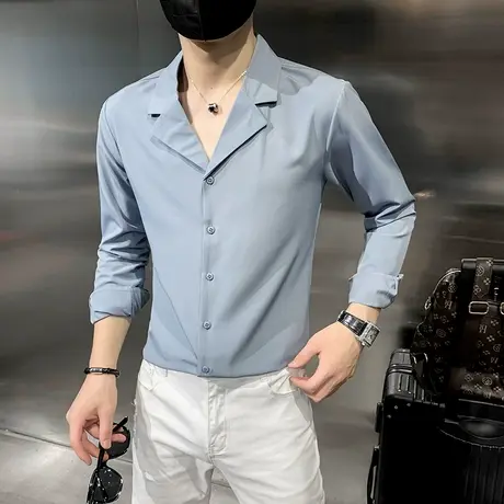 衬衫男士秋季ins韩版休闲潮流西装领上衣发型师时尚帅气长袖衬衣商品大图