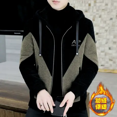 潮牌高品质连帽貂绒夹克外套男士加绒加厚冬装短款雪尼尔呢子风衣商品大图