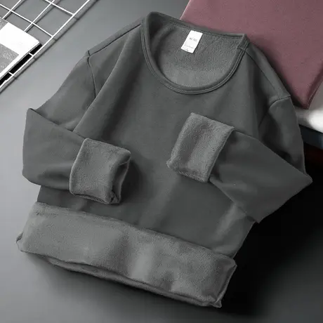 圆领长袖t恤男秋冬季保暖加绒加厚潮流修身内搭打底衫纯色秋衣服商品大图