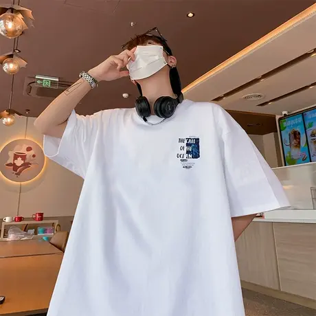 夏季新款重磅短袖t恤男潮流宽松印花半袖男士潮流透气纯棉打底衫商品大图