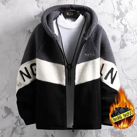 青少年羊羔毛绒外套胖男孩初中学生加绒加厚夹克棉服大童冬装棉衣商品大图