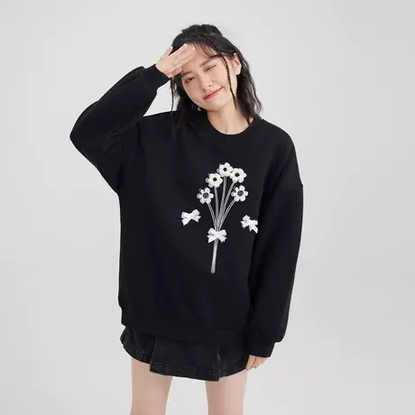 尔给长袖圆领无帽黑色美式卫衣2022新款女薄款chic港风秋季上衣图片