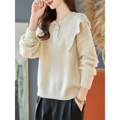 宝诗黎大翻领钉珠减龄宽松毛衣女2024春季新款纯色慵懒羊毛针织衫商品大图