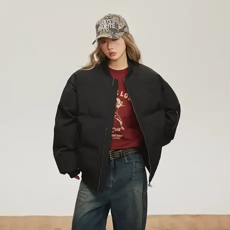 美式潮牌黑色加厚保暖棉服女冬季棒球服外套2023新款复古宽松棉衣商品大图