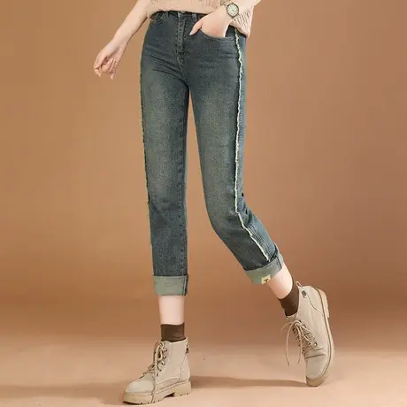 韩潮袭人复古拼接磨白直筒牛仔裤女2024春季新款修身显瘦烟管裤商品大图