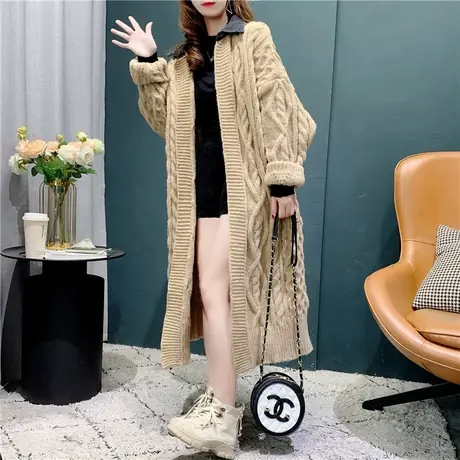慵懒风毛衣外套女2021秋冬新款韩版宽松长款过膝麻花牛仔领拼接潮图片