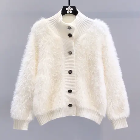 小香风高级感气质水貂绒高领毛衣外套女秋冬2023新款宽松针织开衫商品大图