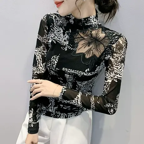 半高领打底衫女秋冬性感加绒刺绣T恤复古印花修身内搭长袖上衣潮商品大图