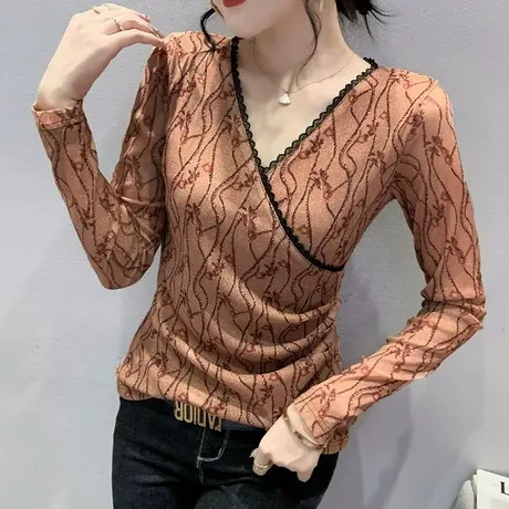 春秋2024新款性感V领T恤打底衫女长袖设计感小众上衣洋气网纱体恤商品大图