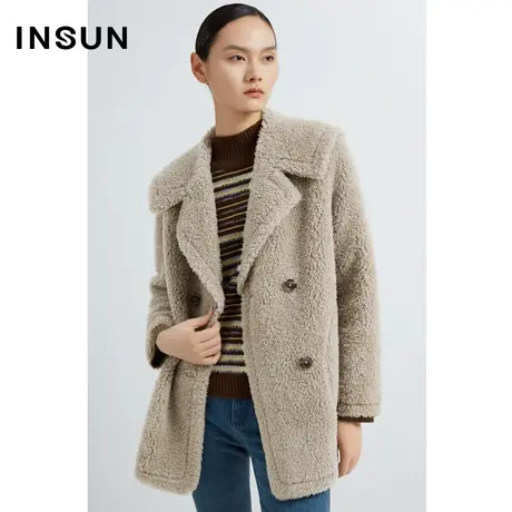 INSUN恩裳线上专选冬季双排扣中长款绵羊毛毛呢外套商品大图