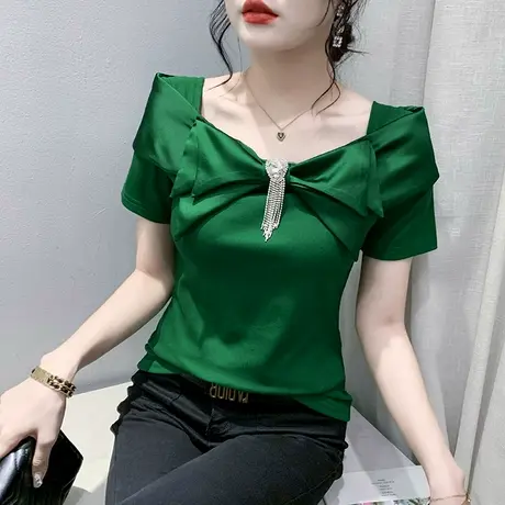 设计感蝴蝶结女短袖夏季欧货方领上衣收腰显瘦小衫气质修身体恤潮图片