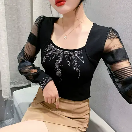 性感网纱拼接T恤女长袖2024秋装新款重工烫钻打底衫气质内搭上衣图片